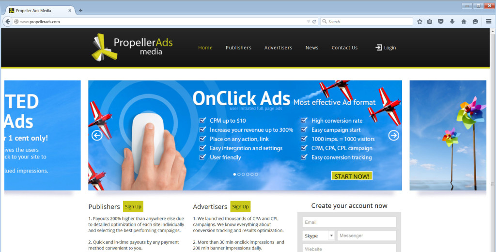 Homepage of PropellerAds