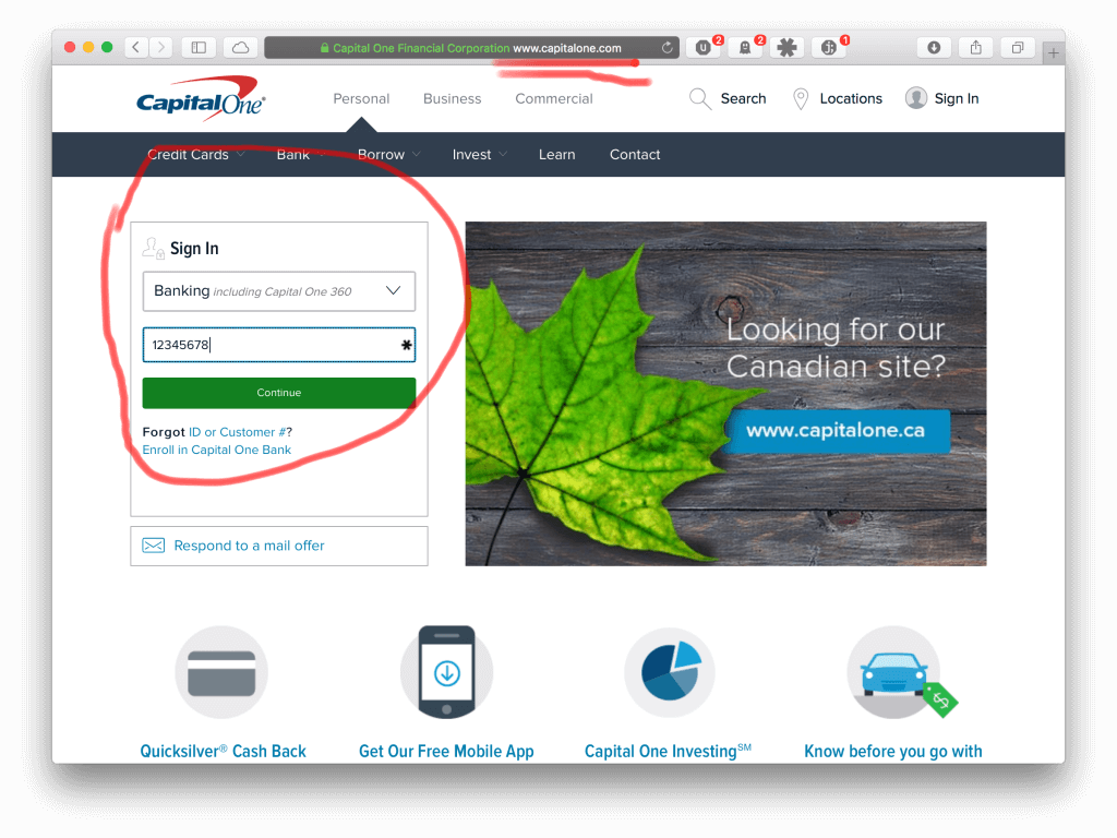 Login screen on the main page of Capital One
